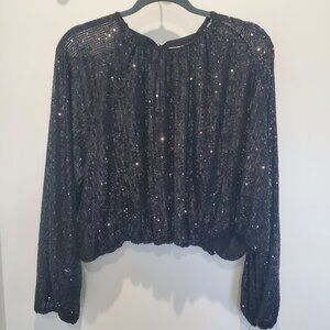 Elegant H & M Black Sequin Cropped Top with Elastic Sleeves & Hem   XL